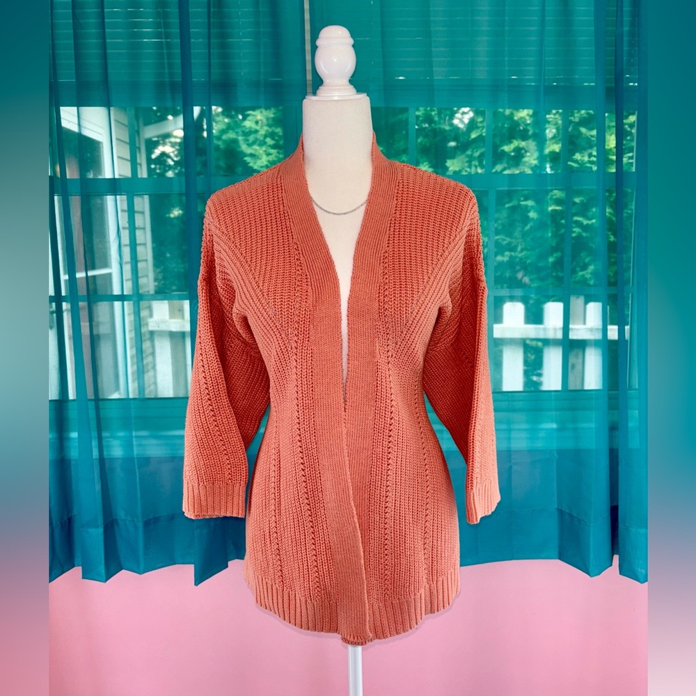 Isaac Mizrahi Live! Women’s Open Front Coral Peach Orange Pink Cardigan Size L